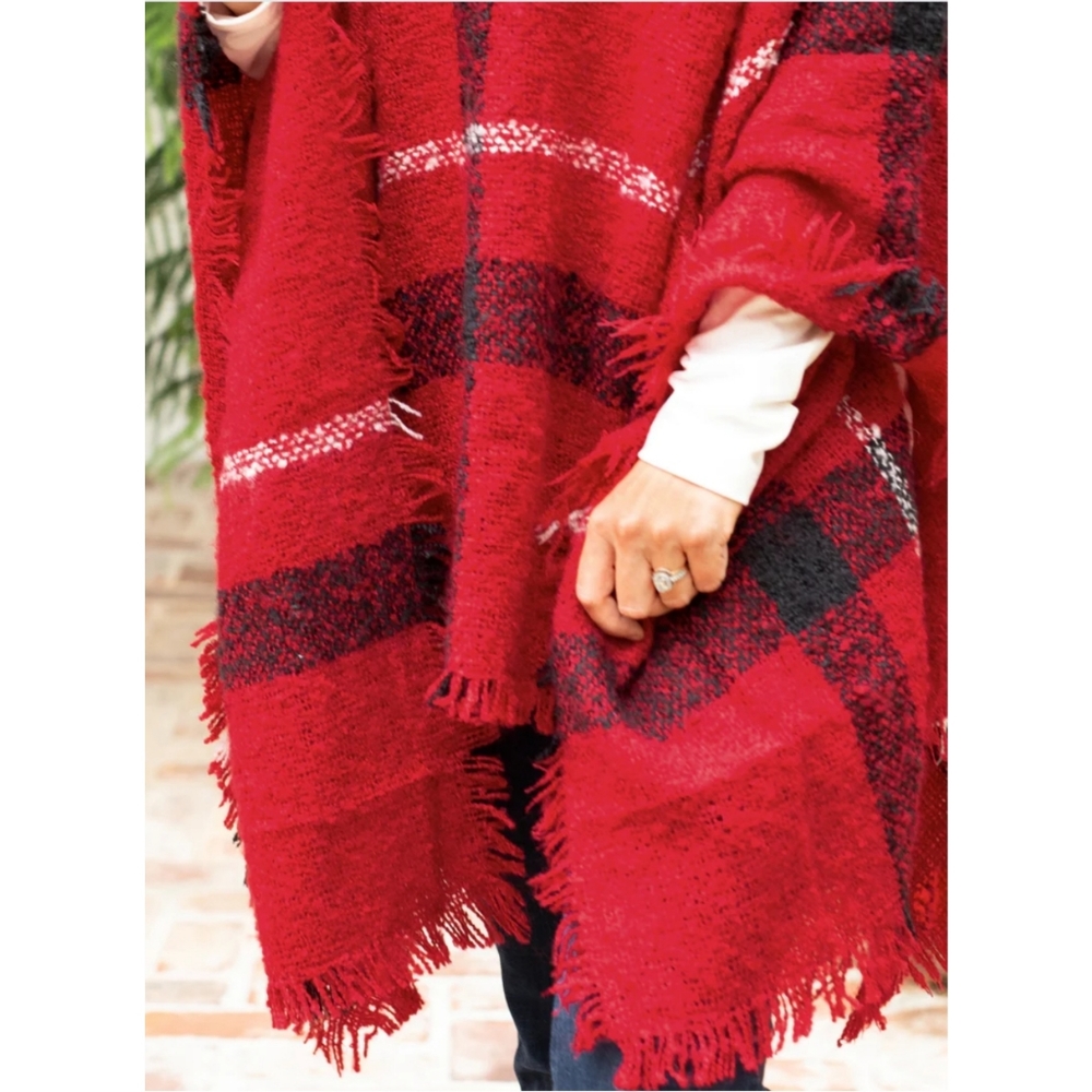 Easy On Me Plaid Turtleneck Poncho - Red - Picture 8 of 10